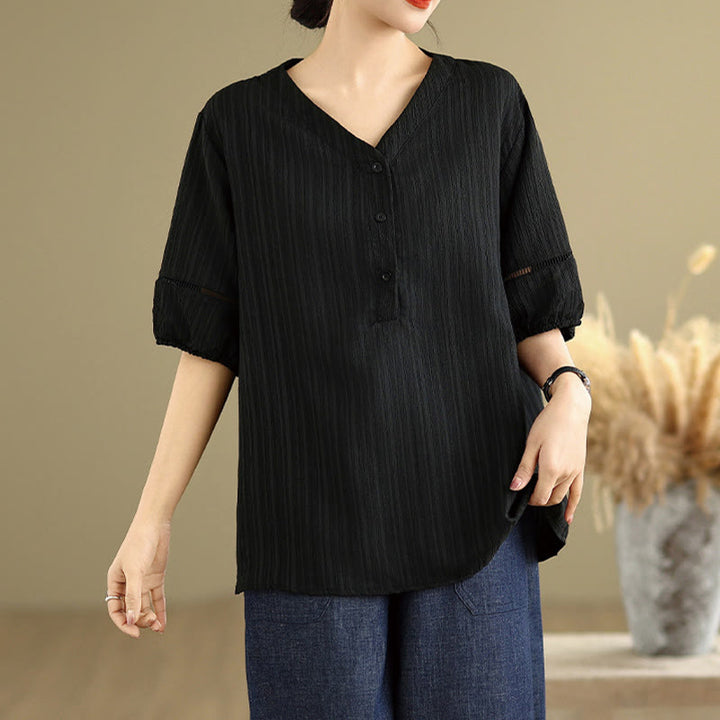 T-shirt d'été décontracté à manches mi-bouffantes et col en V pour femme Buddha Stones