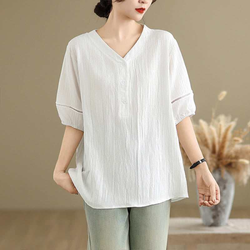 T-shirt d'été décontracté à manches mi-bouffantes et col en V pour femme Buddha Stones