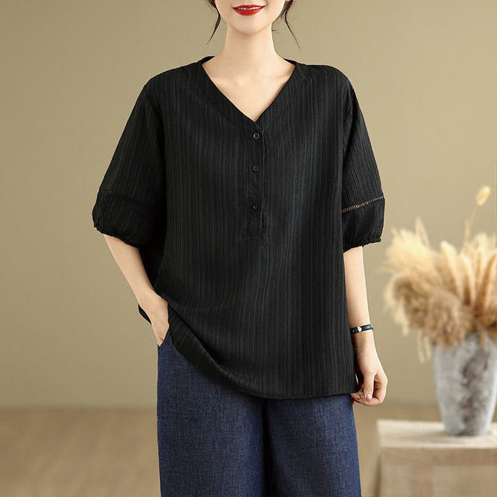 T-shirt d'été décontracté à manches mi-bouffantes et col en V pour femme Buddha Stones