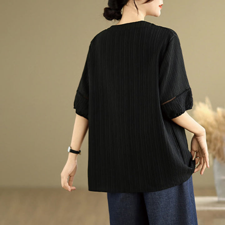 T-shirt d'été décontracté à manches mi-bouffantes et col en V pour femme Buddha Stones