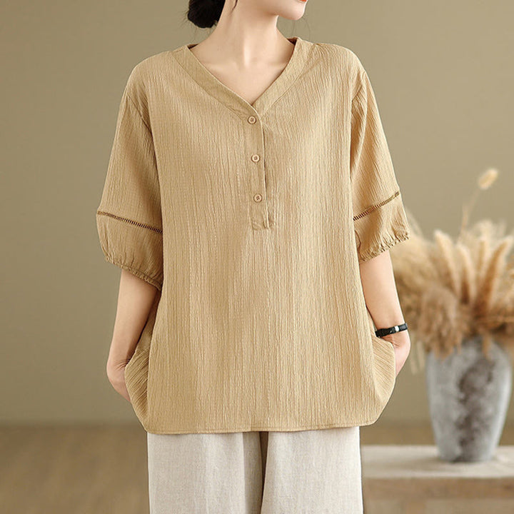 T-shirt d'été décontracté à manches mi-bouffantes et col en V pour femme Buddha Stones