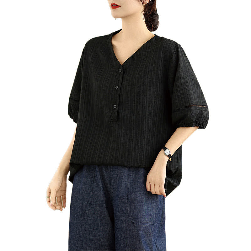 T-shirt d'été décontracté à manches mi-bouffantes et col en V pour femme Buddha Stones