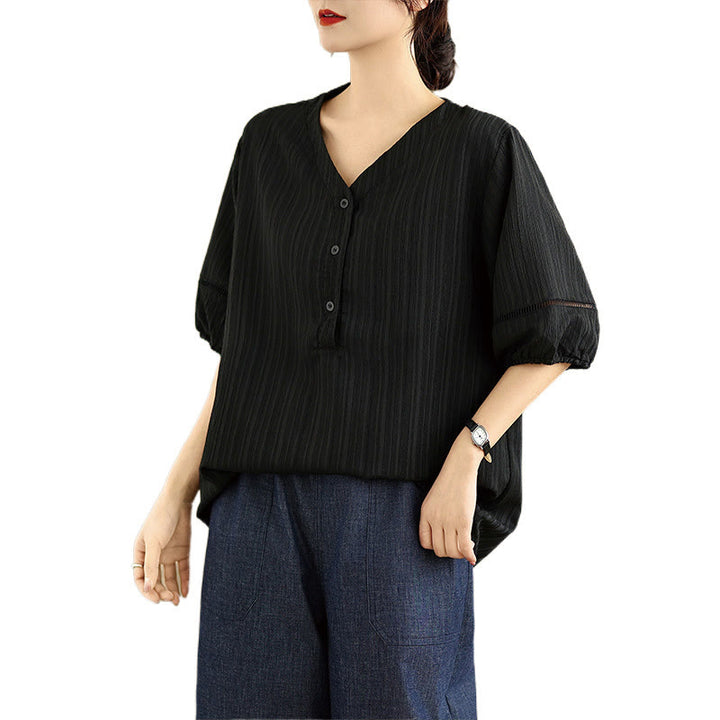 T-shirt d'été décontracté à manches mi-bouffantes et col en V pour femme Buddha Stones