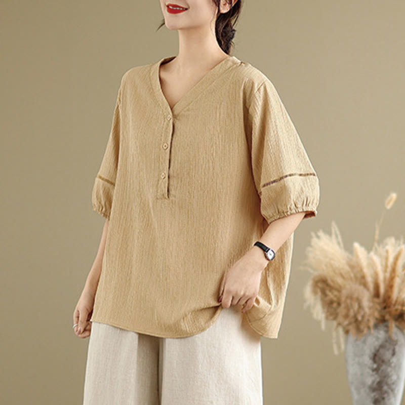 T-shirt d'été décontracté à manches mi-bouffantes et col en V pour femme Buddha Stones