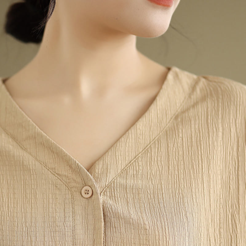 T-shirt d'été décontracté à manches mi-bouffantes et col en V pour femme Buddha Stones