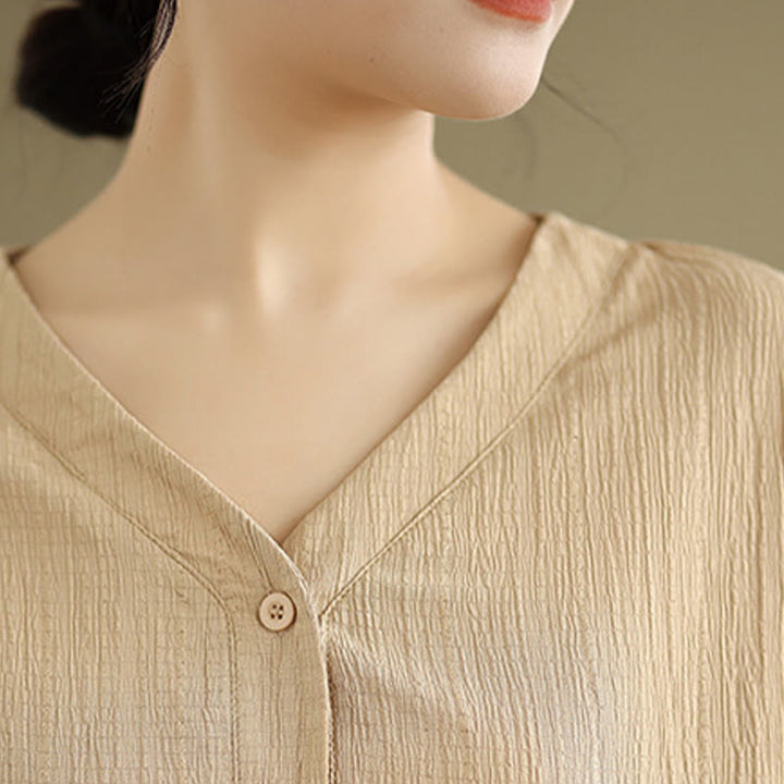 T-shirt d'été décontracté à manches mi-bouffantes et col en V pour femme Buddha Stones