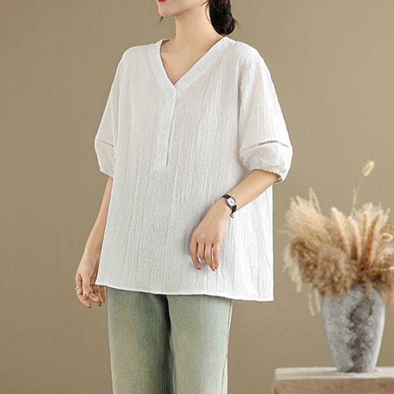 T-shirt d'été décontracté à manches mi-bouffantes et col en V pour femme Buddha Stones