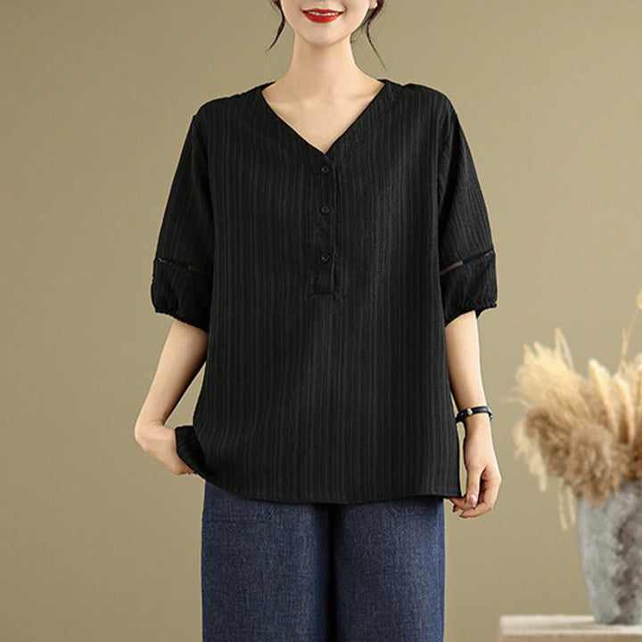 T-shirt d'été décontracté à manches mi-bouffantes et col en V pour femme Buddha Stones