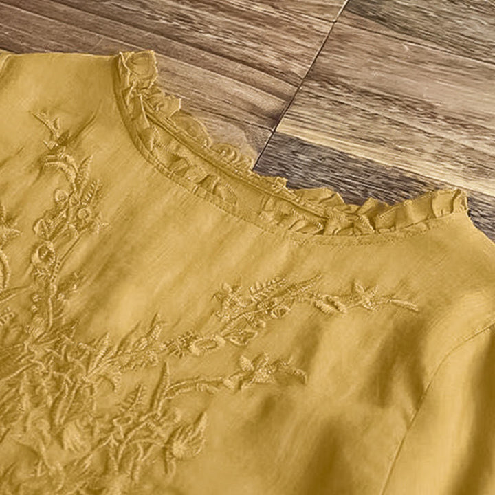 T-shirt décontracté en coton et lin avec broderie Buddha Stones et manches bouffantes, col ras du cou et volants pour femme - image 13