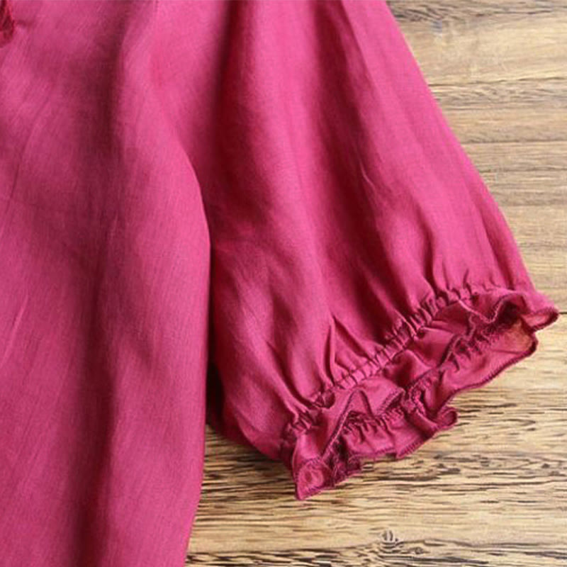 T-shirt décontracté en coton et lin avec broderie Buddha Stones et manches bouffantes, col ras du cou et volants pour femme - image 7