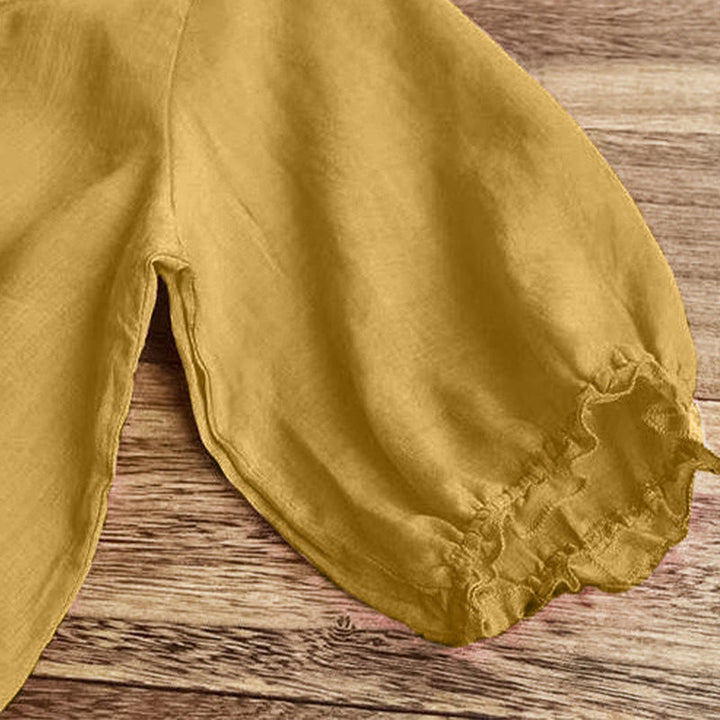 T-shirt décontracté en coton et lin avec broderie Buddha Stones et manches bouffantes, col ras du cou et volants pour femme - image 14