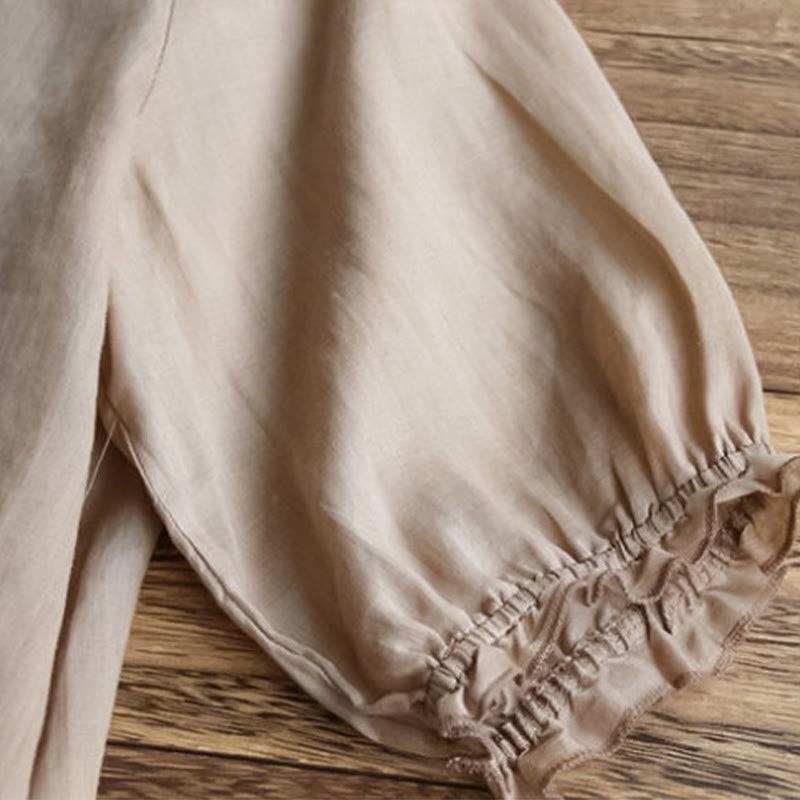 T-shirt décontracté en coton et lin avec broderie Buddha Stones et manches bouffantes, col ras du cou et volants pour femme - image 10