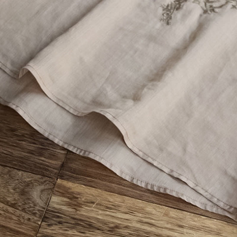 T-shirt décontracté en coton et lin avec broderie Buddha Stones et manches bouffantes, col ras du cou et volants pour femme - image 11