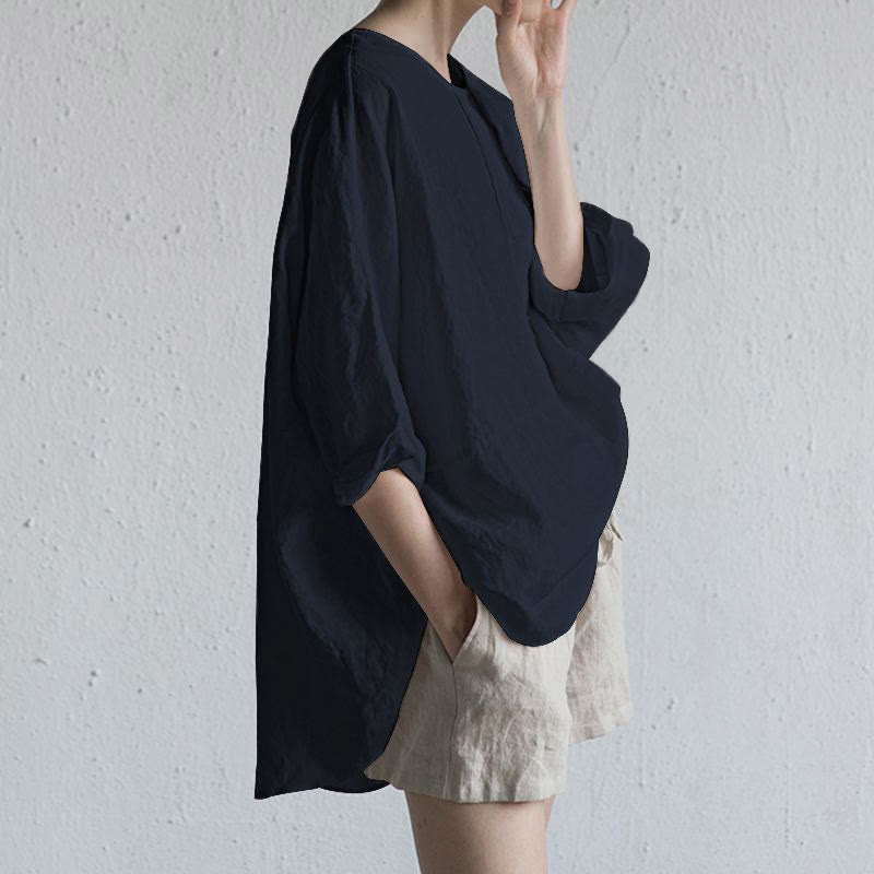 T-shirt d'été décontracté à manches mi-longues et col ras du cou pour femme avec fente latérale et motif Buddha Stones - Marine - US20,UK/AU24,EU52 (5XL) - image 6