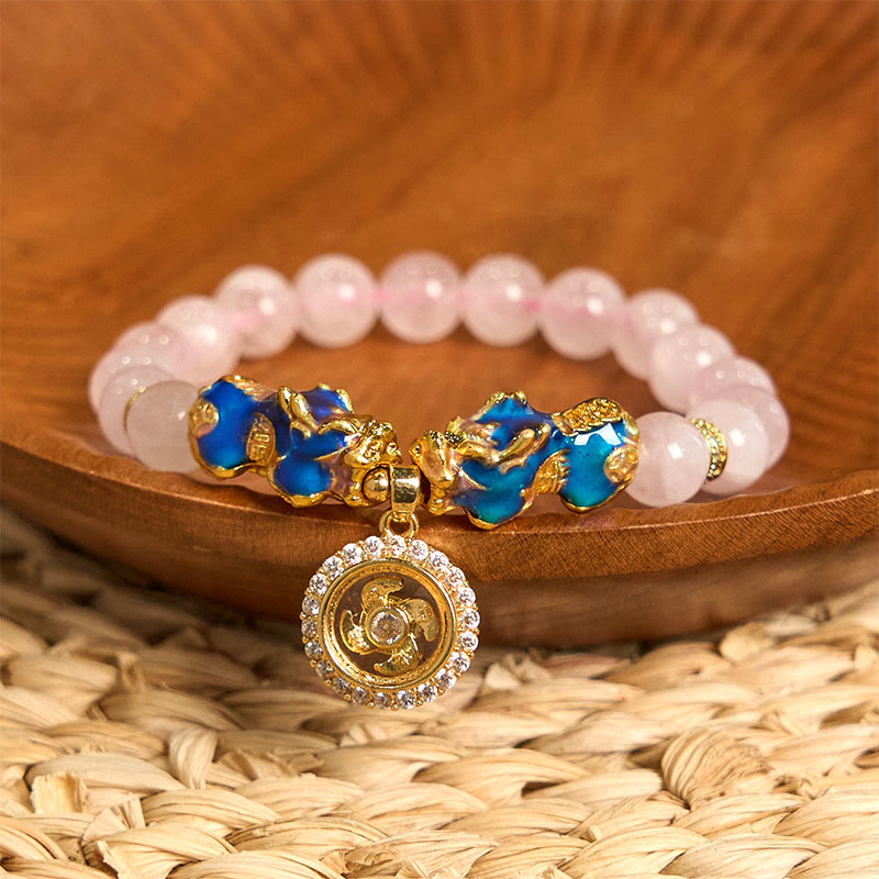 Bracelet de charme double PiXiu Cyclone en cristal rose changeant de couleur Buddha Stones