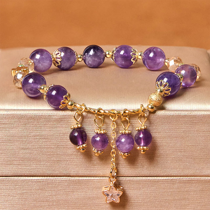 Bracelet Buddha Stones en améthyste naturelle, trèfle à quatre feuilles, étoile de la paix