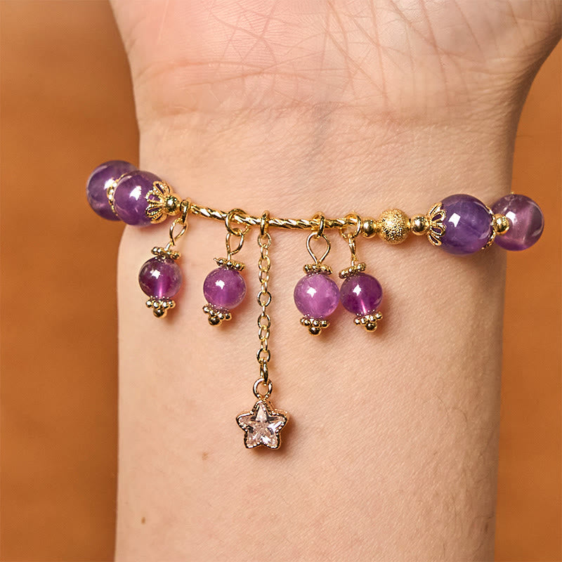 Bracelet Buddha Stones en améthyste naturelle, trèfle à quatre feuilles, étoile de la paix