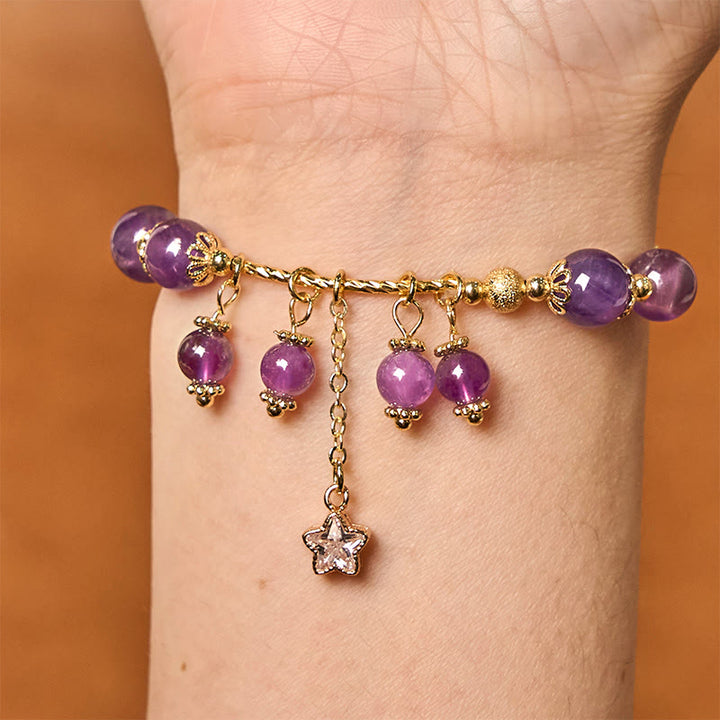 Bracelet Buddha Stones en améthyste naturelle, trèfle à quatre feuilles, étoile de la paix