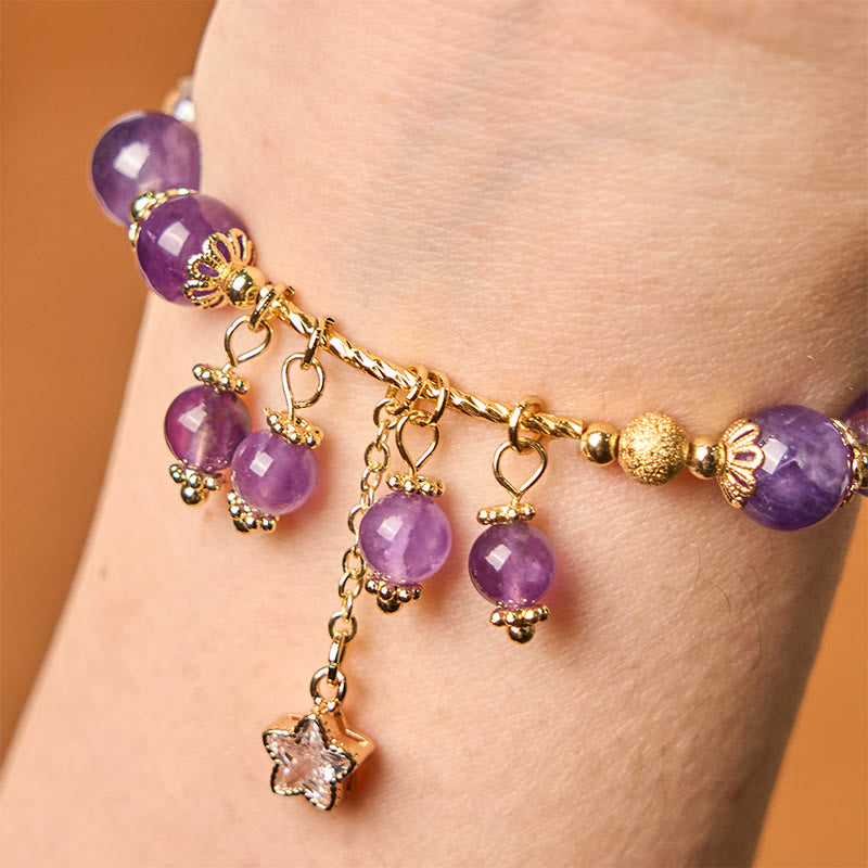 Bracelet Buddha Stones en améthyste naturelle, trèfle à quatre feuilles, étoile de la paix