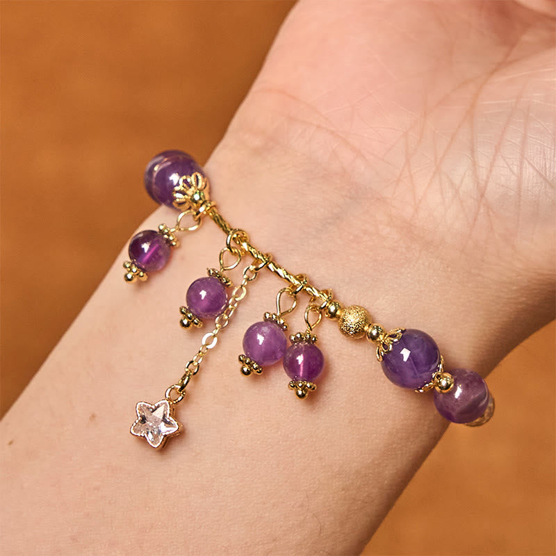 Bracelet Buddha Stones en améthyste naturelle, trèfle à quatre feuilles, étoile de la paix