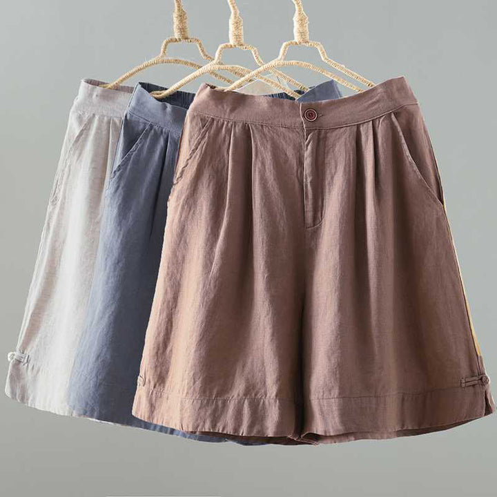 Short d'été décontracté en fibre acrylique avec poches et boutons en forme de grenouille, couleur unie, style décontracté, Buddha Stones - image 21