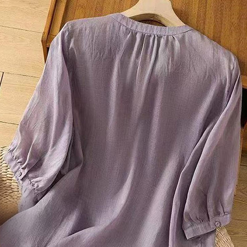 Chemise décontractée ample à manches mi-longues et col ras du cou en coton avec Buddha Stones et boutons grenouille pour femme - image 1