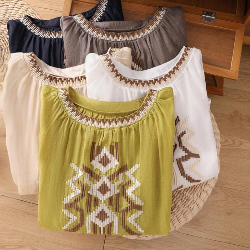 T-shirt décontracté à manches courtes et col ras du cou pour femme, broderie symétrique, motif Buddha Stones, en élasthanne