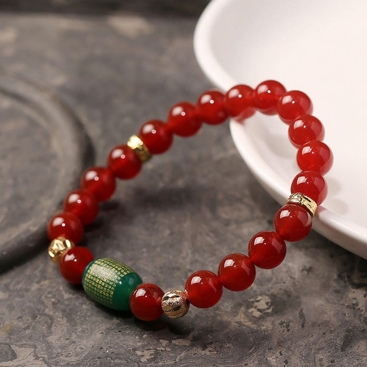 Bracelet calme bouddhiste Sutras en Buddha Stones en agate rouge naturelle et verte