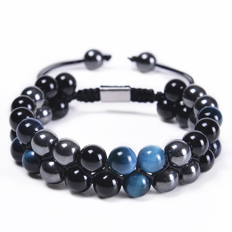 Bracelet de protection à double rangée de Buddha Stones en obsidienne noire et magnétite noire, œil de tigre bleu naturel