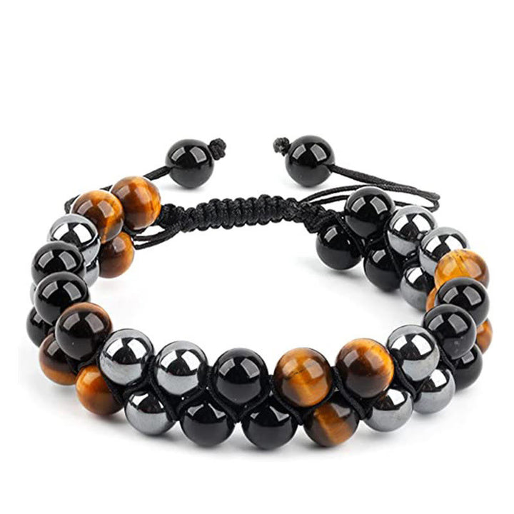 Bracelet de protection à double rangée de perles en onyx noir et magnétite noire, œil de tigre naturel et Buddha Stones