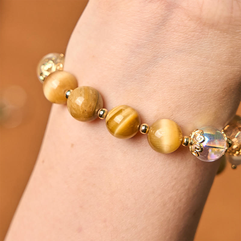 Bracelet courageux en Buddha Stones naturelles œil de tigre et feuilles vertes