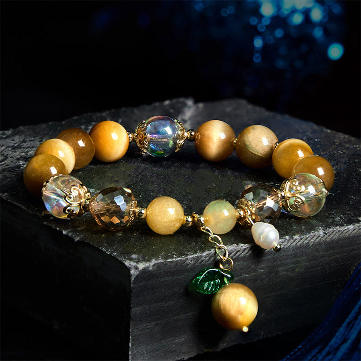 Bracelet courageux en Buddha Stones naturelles œil de tigre et feuilles vertes