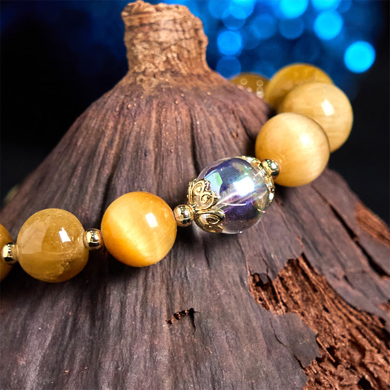 Bracelet courageux en Buddha Stones naturelles œil de tigre et feuilles vertes