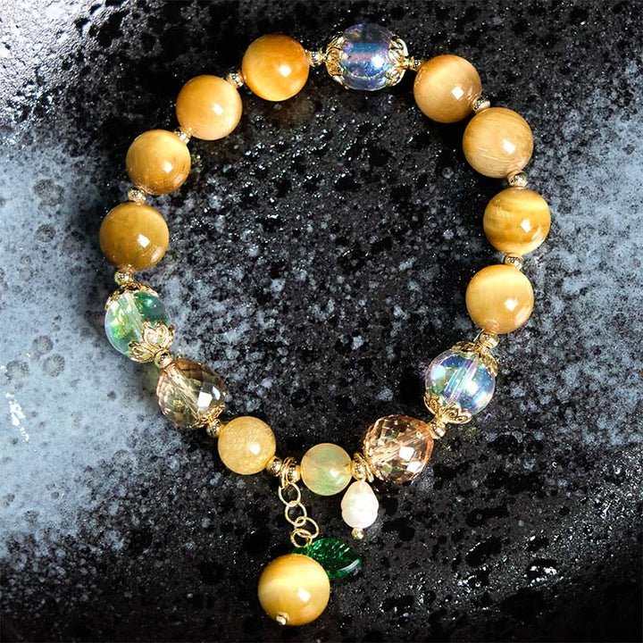 Bracelet courageux en Buddha Stones naturelles œil de tigre et feuilles vertes
