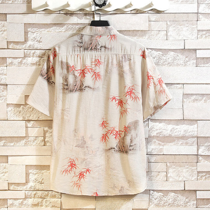 Chemise à manches courtes et boutons de grenouille pour homme, motif papillon et bambou, motif Buddha Stones , été - image 1