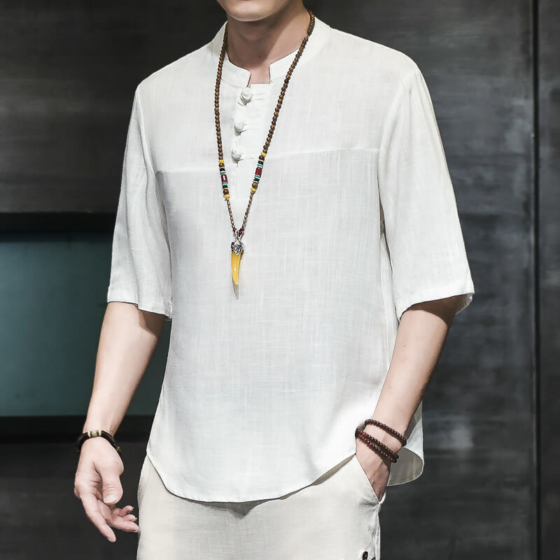 T-shirt décontracté à manches mi-longues en coton et lin pour homme, motif grenouille chinoise, style vintage, motif Buddha Stones - Blanc - US/UK/AU46,EU56 (5XL) - image 7