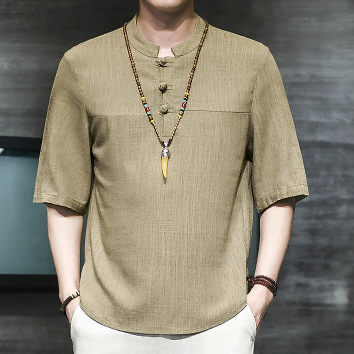 T-shirt décontracté à manches mi-longues en coton et lin pour homme, motif grenouille chinoise, style vintage, motif Buddha Stones - image 2