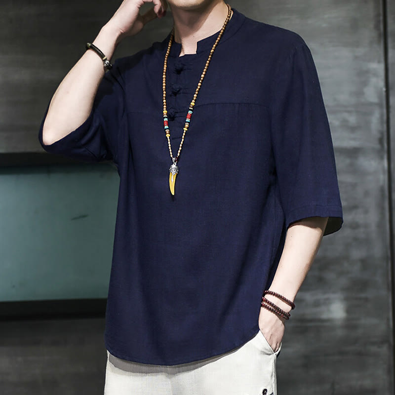 T-shirt décontracté à manches mi-longues en coton et lin pour homme, motif grenouille chinoise, style vintage, motif Buddha Stones - image 20