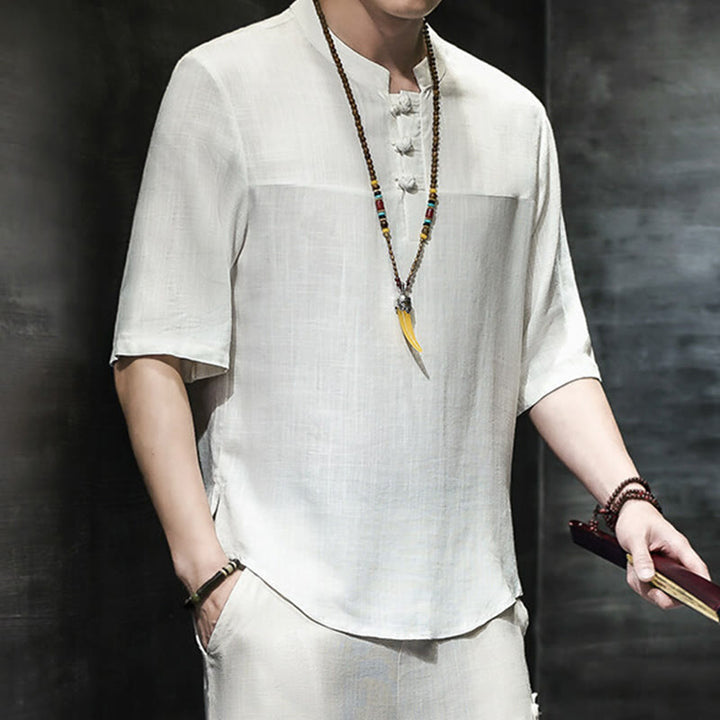 T-shirt décontracté à manches mi-longues en coton et lin pour homme, motif grenouille chinoise, style vintage, motif Buddha Stones - image 12