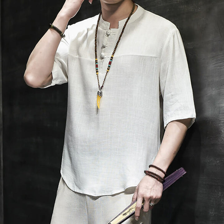 T-shirt décontracté à manches mi-longues en coton et lin pour homme, motif grenouille chinoise, style vintage, motif Buddha Stones - image 11