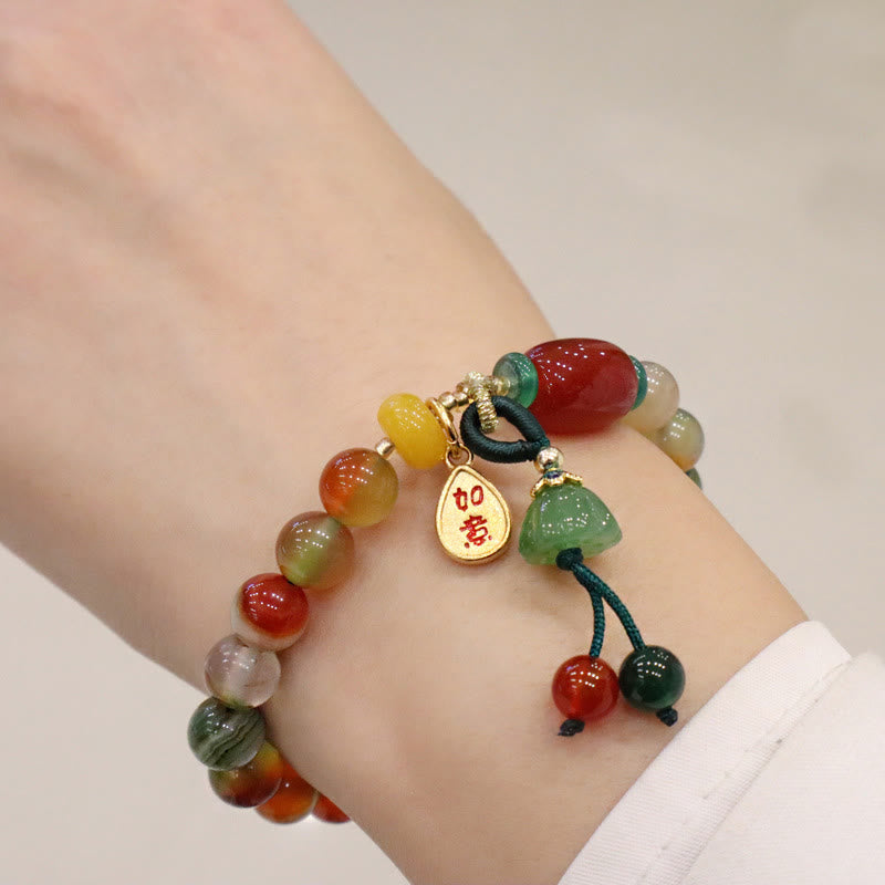 Bracelet de courage en Buddha Stones naturelles colorées en agate paon calcédoine Ruyi As One Wishes