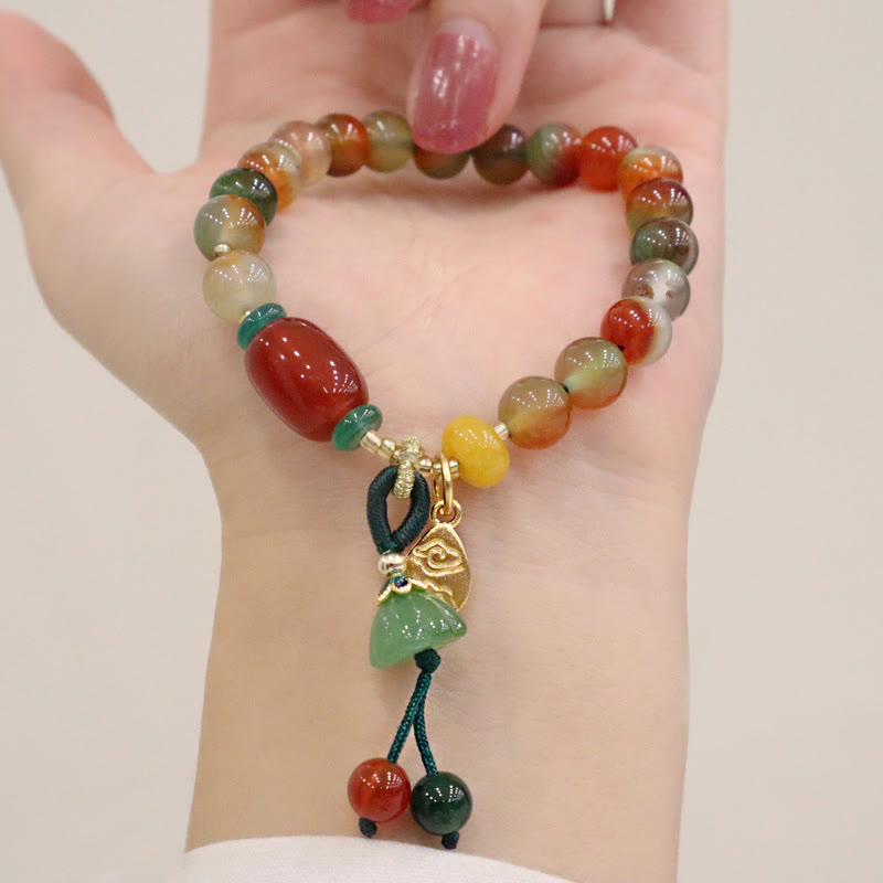 Bracelet de courage en Buddha Stones naturelles colorées en agate paon calcédoine Ruyi As One Wishes