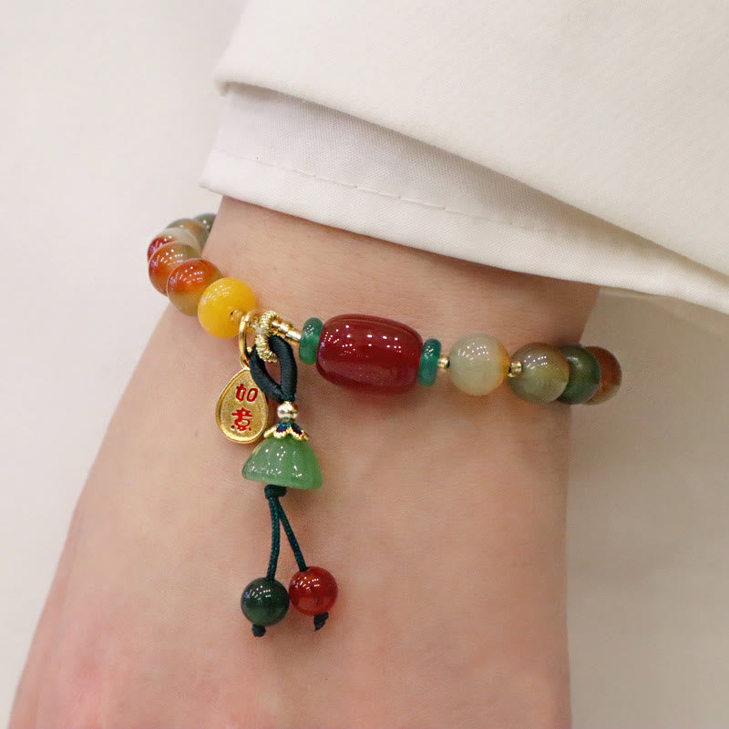 Bracelet de courage en Buddha Stones naturelles colorées en agate paon calcédoine Ruyi As One Wishes