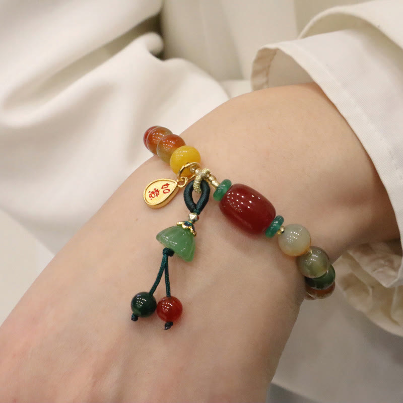Bracelet de courage en Buddha Stones naturelles colorées en agate paon calcédoine Ruyi As One Wishes