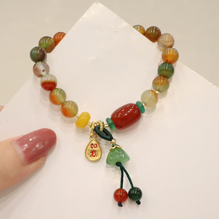 Bracelet de courage en Buddha Stones naturelles colorées en agate paon calcédoine Ruyi As One Wishes