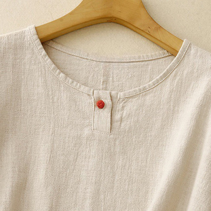 T-shirt décontracté uni à col ras du cou et manches mi-longues en coton et lin pour femme avec Buddha Stones