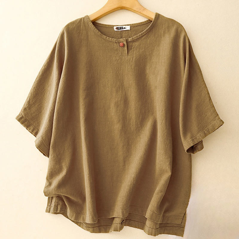 T-shirt décontracté uni à col ras du cou et manches mi-longues en coton et lin pour femme avec Buddha Stones