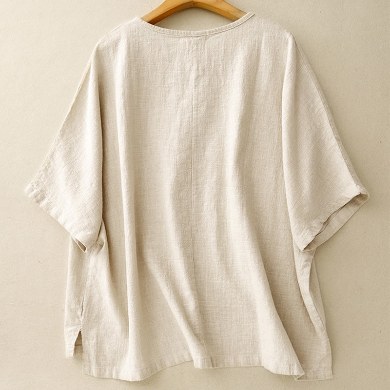 T-shirt décontracté uni à col ras du cou et manches mi-longues en coton et lin pour femme avec Buddha Stones