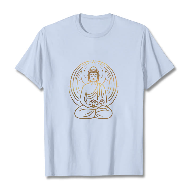 T-shirt Buddha Stones Méditation Dorée Bouddha Halo Tenant Une Fleur De Lotus - Cyan clair - 2XL - image 19