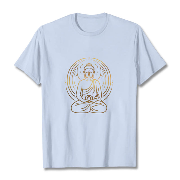 T-shirt Buddha Stones Méditation Dorée Bouddha Halo Tenant Une Fleur De Lotus - Cyan clair - 2XL - image 19